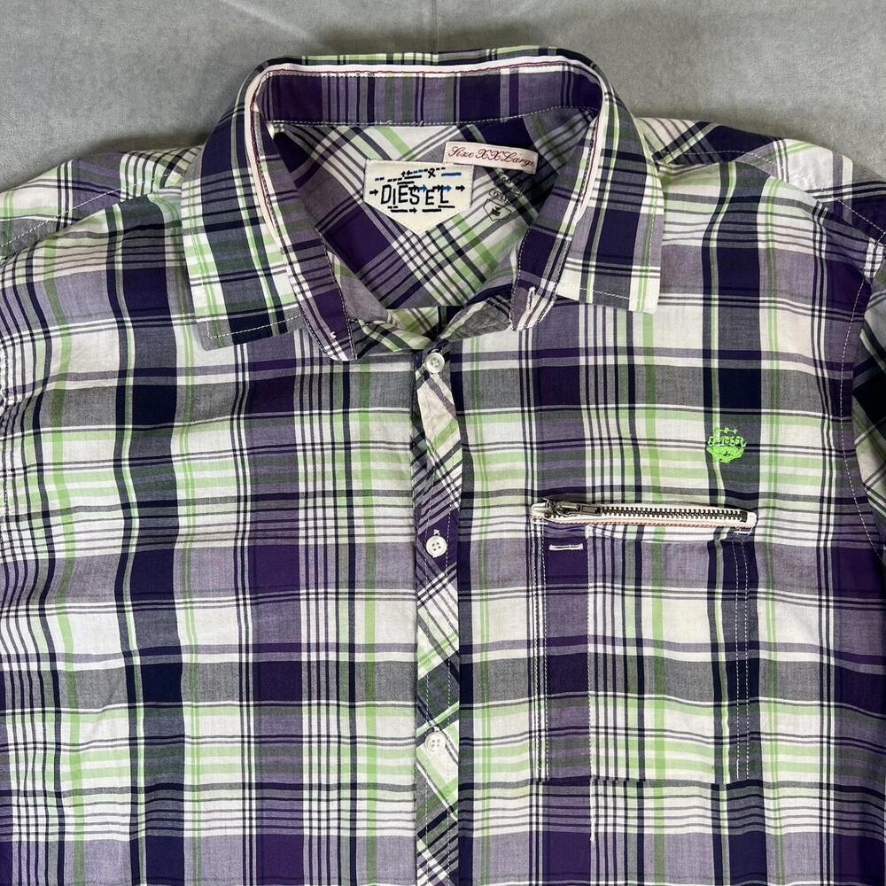 Diesel Plaid Button Up Shirt Mens XXL (Fits Large) Purple Green Zip Pocket
